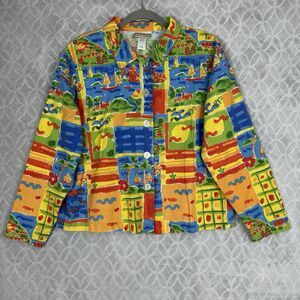 Vtg Coldwater Creek Top Womens L Colorful Tropical Boxy Button Shirt Art to Wear